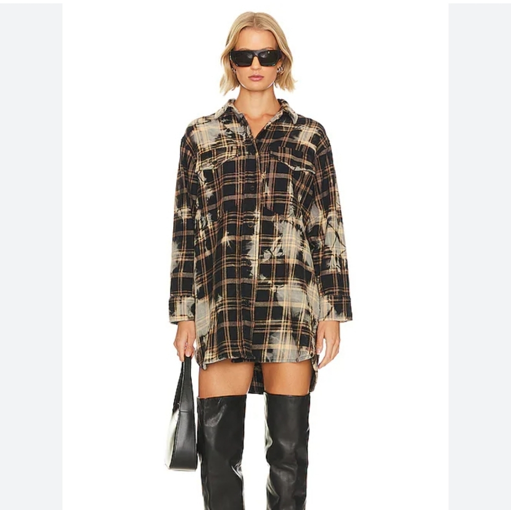 All Saints Black and Beige Plaid Shirt-Style Mini Dress